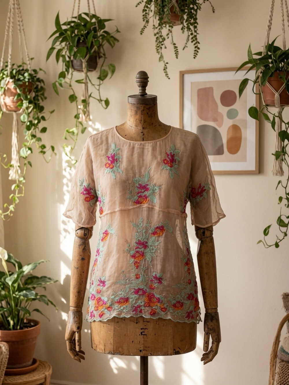 SOFT SURROUNDINGS Sheer Embroidered Peach Floral Short Sleeve Top large